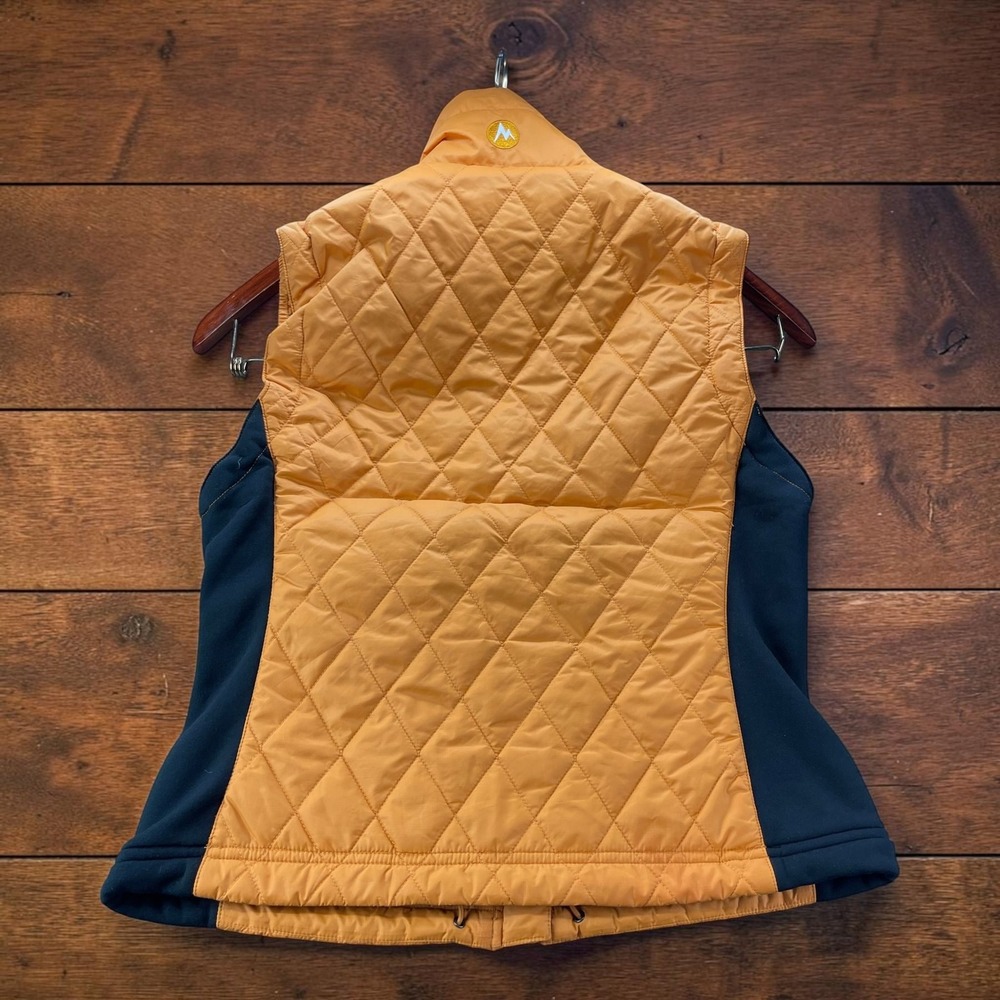Marmot Womens S Quilted Full Zip Vest Mustard Yellow Black Stretch Side Panels - Picture 2 of 11